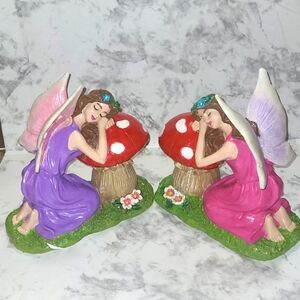 2 Fairy Statues Fairies Garden Forest Pink Purple Red Mushroom Kneeling Restored